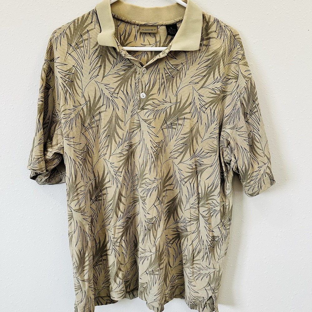 Vintage AXIST Men Palm Leaf Print Short Sleeve Polo Button Collar Shirt-Size L